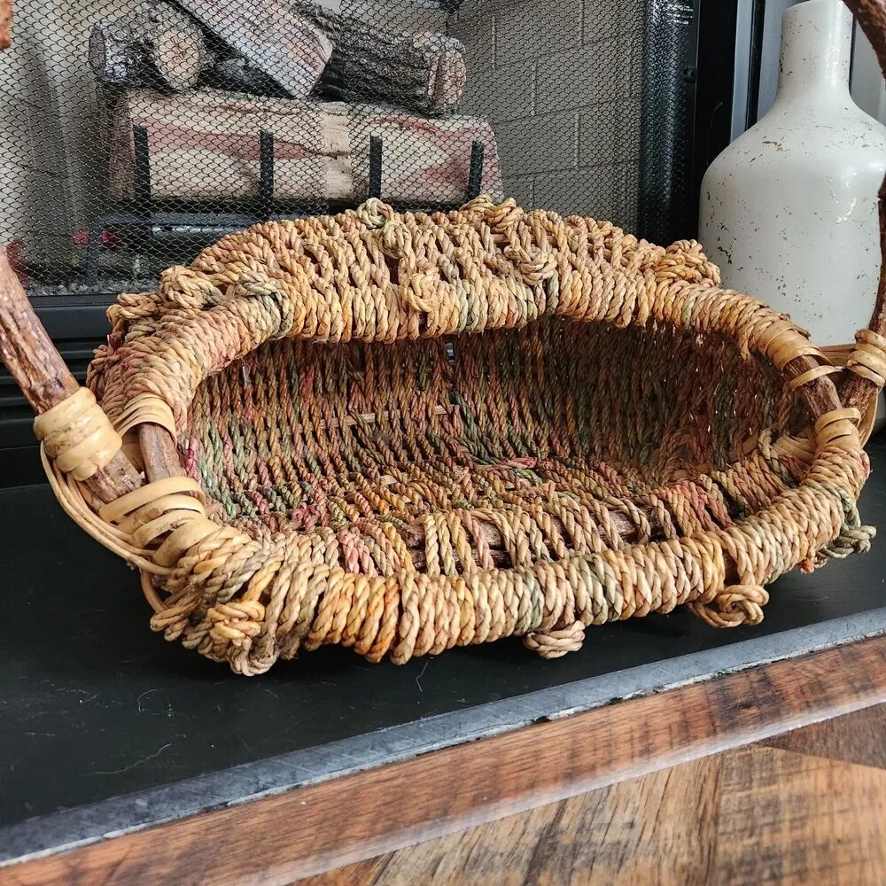 Vintage Rustic Folk Art Driftwood Handle Gathering Basket Large Woven Cottage